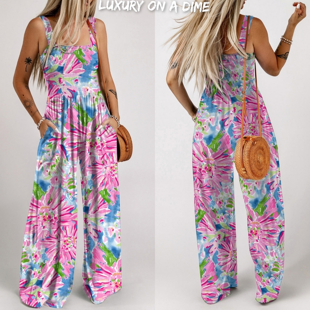 Palm Beach Floral Smock Sleeveless Wide Leg One Piece Pocket Pant Jumpsuit Pink - Picture 6 of 12